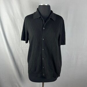 Thomas Sterling Mens Black Knit Button Up Shirt Diamond Pointelle Short Sleeve S